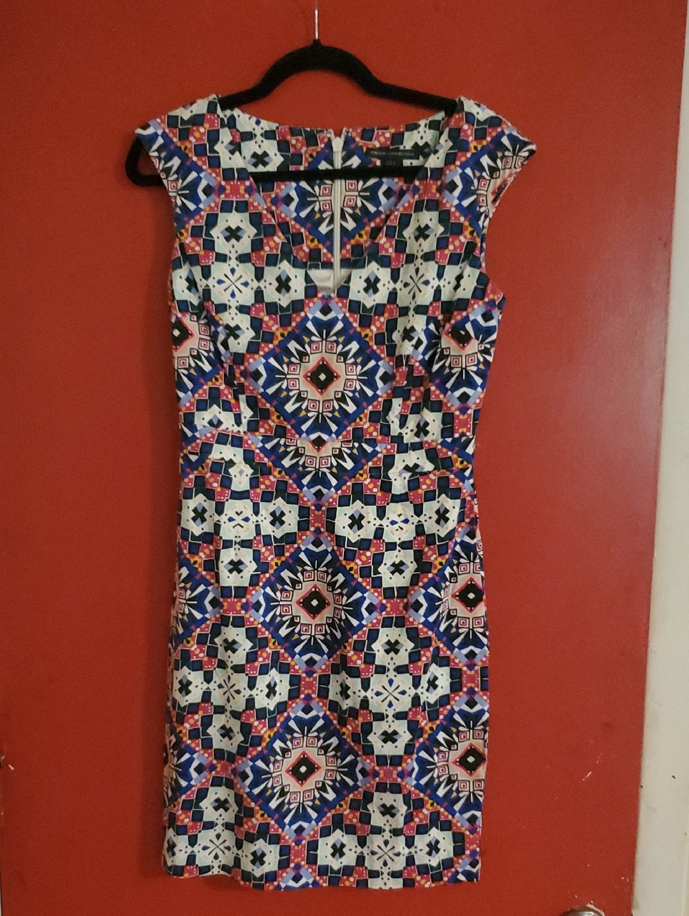 French Connection Multicolor Geometric Midi Dress in Blue, White & Pink SZ 8